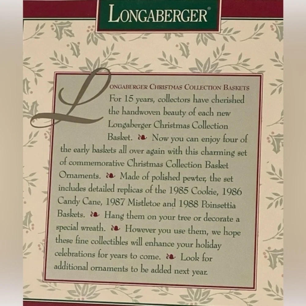 1995 Longaberger Basket Christmas Ornaments Pewter Set of 4 1985 - 1988 Holiday